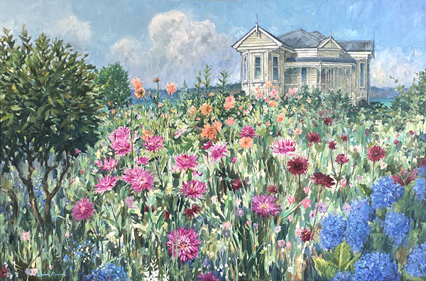 Graham Downs nz landscape art, flower garden and villa, oil on canvas, framed